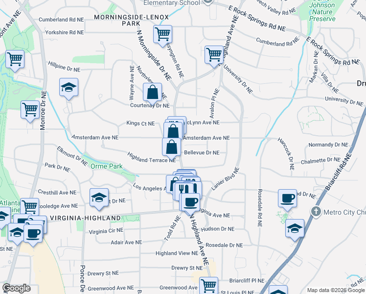 map of restaurants, bars, coffee shops, grocery stores, and more near in Atlanta
