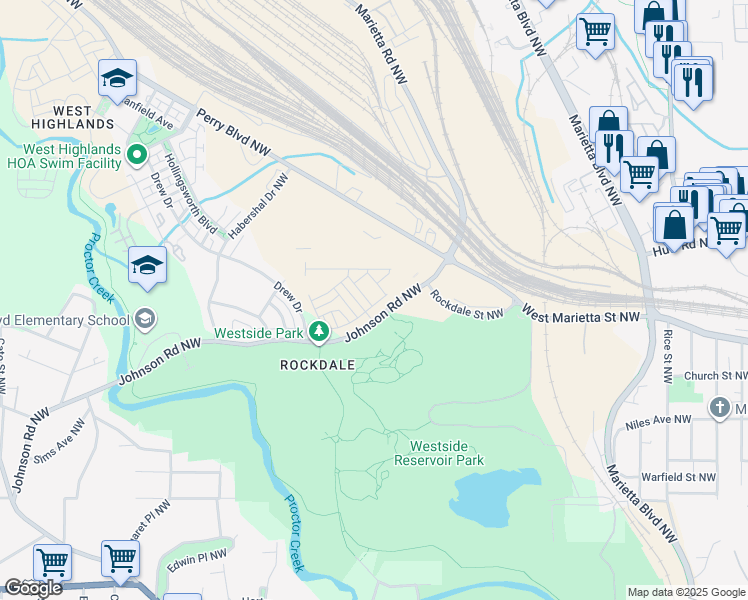 map of restaurants, bars, coffee shops, grocery stores, and more near 1101-1199 Johnson Road Northwest in Atlanta