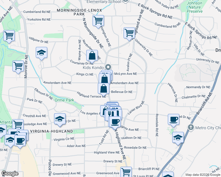 map of restaurants, bars, coffee shops, grocery stores, and more near in Atlanta