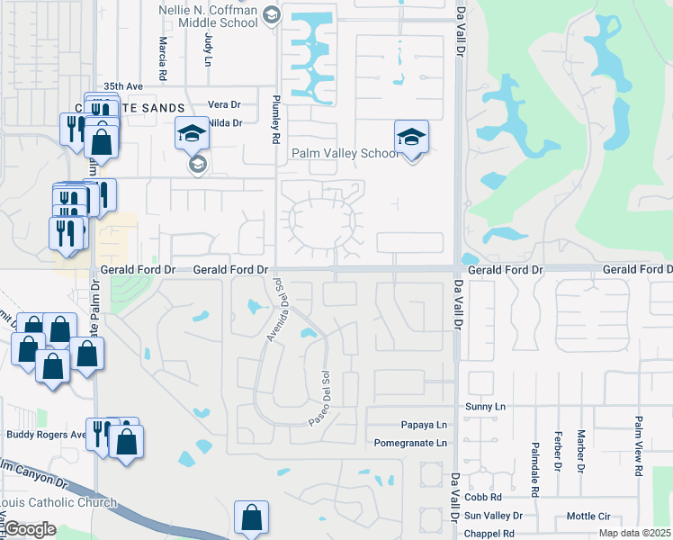 map of restaurants, bars, coffee shops, grocery stores, and more near Gerald Ford Drive & Alameda Court in Cathedral City
