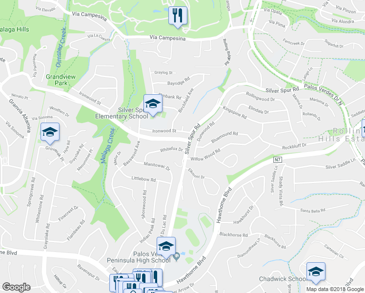 map of restaurants, bars, coffee shops, grocery stores, and more near 5311 Whitefox Drive in Rancho Palos Verdes