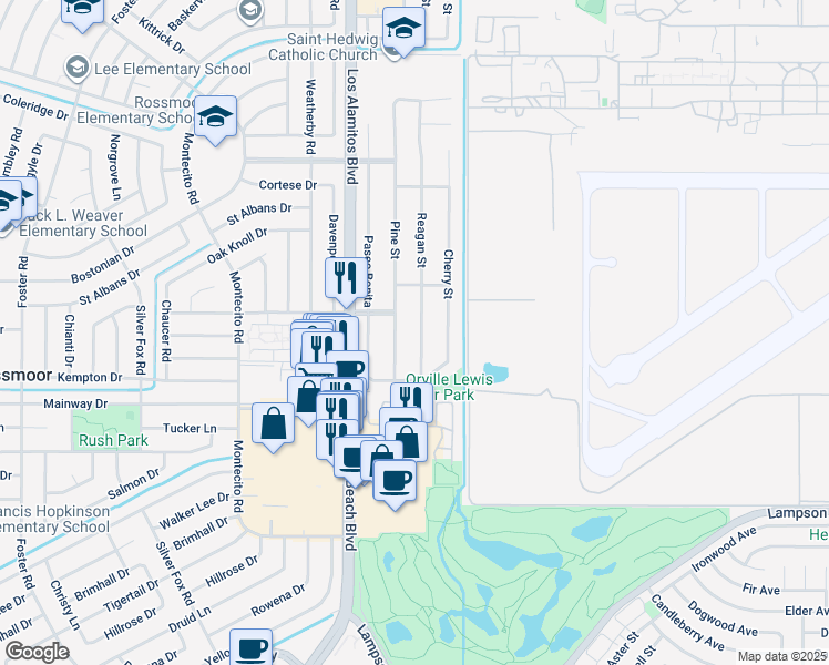 map of restaurants, bars, coffee shops, grocery stores, and more near 12111 Reagan Street in Los Alamitos