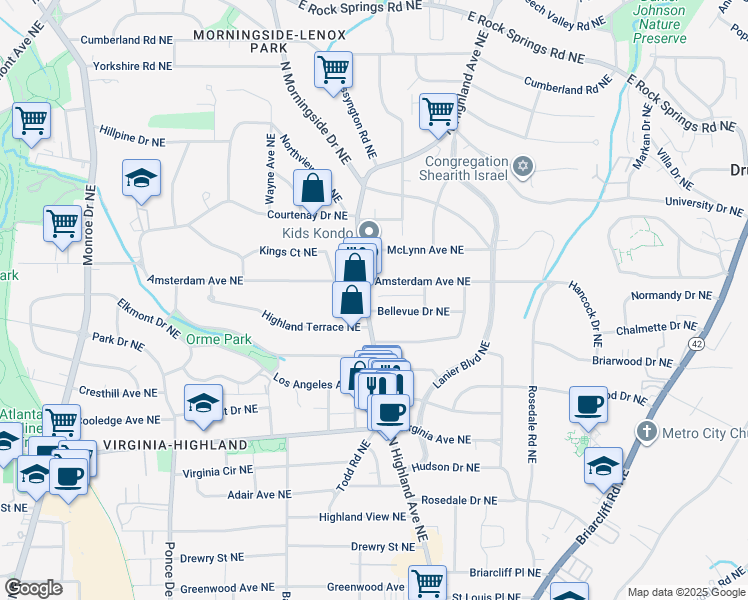 map of restaurants, bars, coffee shops, grocery stores, and more near 1179 North Highland Avenue Northeast in Atlanta