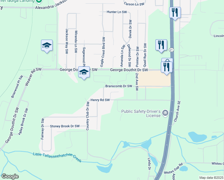 map of restaurants, bars, coffee shops, grocery stores, and more near 1488 Bailee Way Southwest in Jacksonville