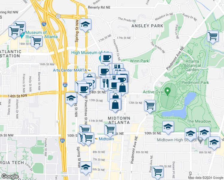 map of restaurants, bars, coffee shops, grocery stores, and more near 1180 14th Street Northeast in Atlanta