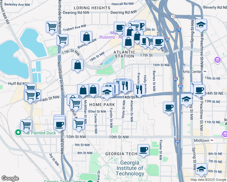 map of restaurants, bars, coffee shops, grocery stores, and more near 425 14th Street Northwest in Atlanta