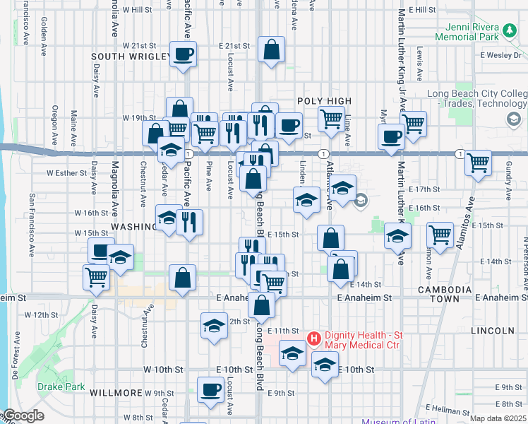 map of restaurants, bars, coffee shops, grocery stores, and more near 1601 Long Beach Boulevard in Long Beach
