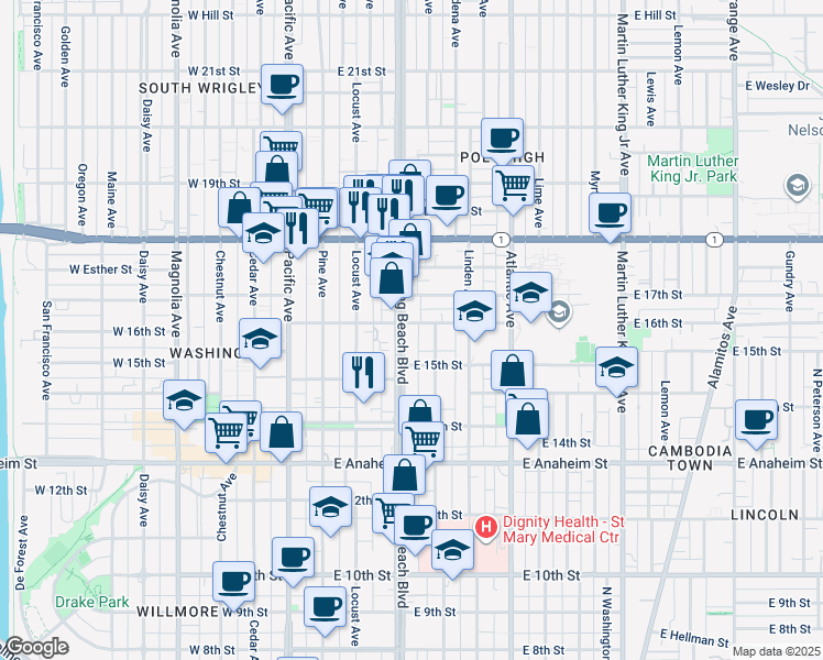 map of restaurants, bars, coffee shops, grocery stores, and more near 1598 Long Beach Boulevard in Long Beach