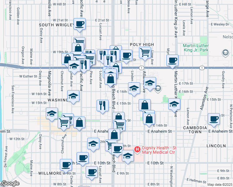 map of restaurants, bars, coffee shops, grocery stores, and more near 1601 Long Beach Boulevard in Long Beach