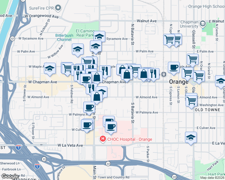 map of restaurants, bars, coffee shops, grocery stores, and more near 155 South Pepper Street in Orange