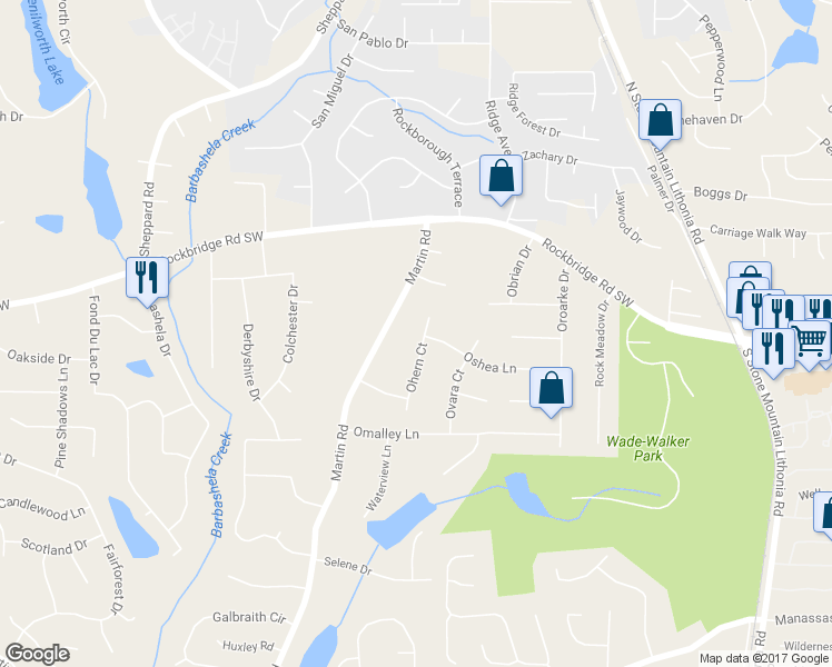 map of restaurants, bars, coffee shops, grocery stores, and more near 417 Ohern Court in Stone Mountain