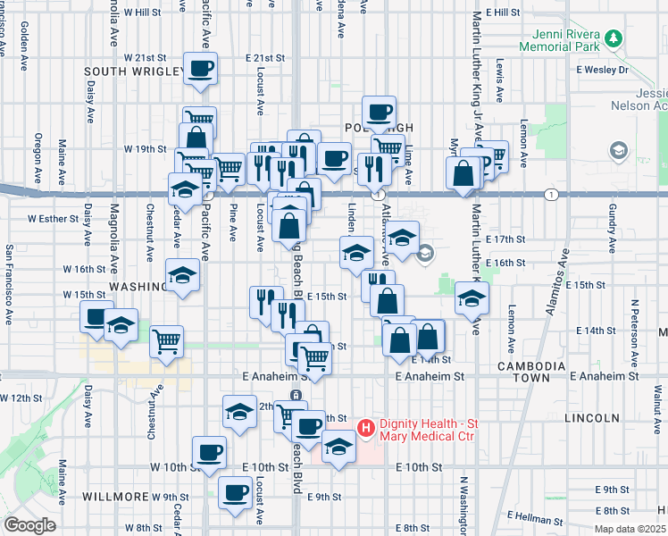 map of restaurants, bars, coffee shops, grocery stores, and more near 412 East 16th Street in Long Beach