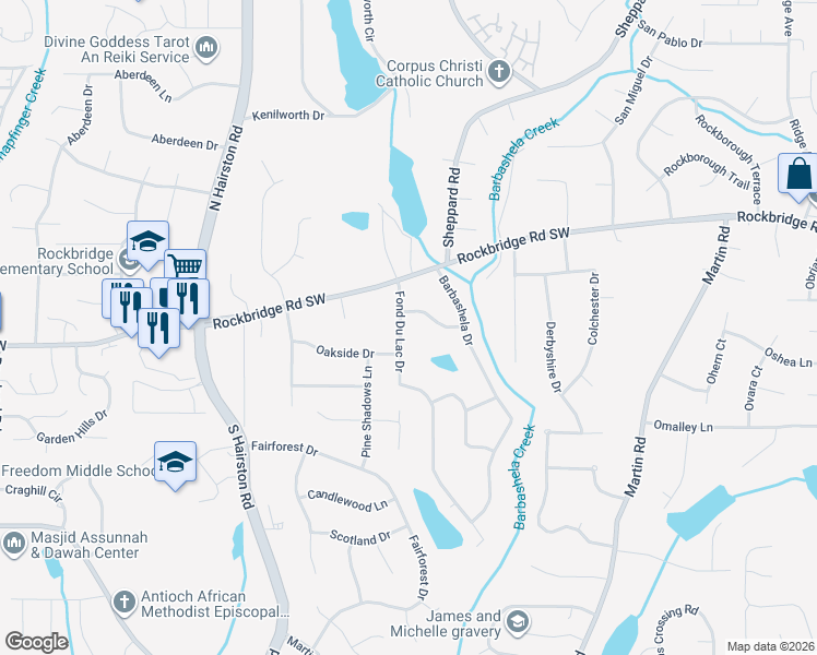 map of restaurants, bars, coffee shops, grocery stores, and more near 346 Fond Du Lac Drive in Stone Mountain