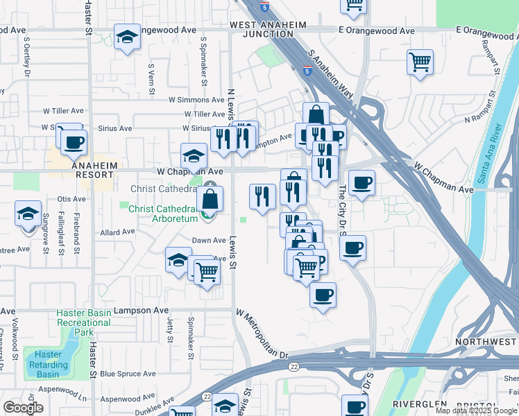 map of restaurants, bars, coffee shops, grocery stores, and more near 220 City Boulevard West in Orange