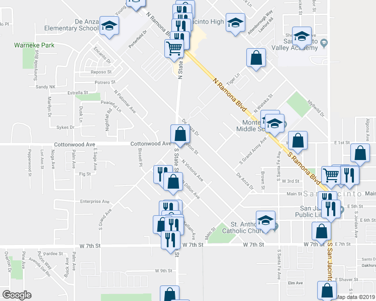 map of restaurants, bars, coffee shops, grocery stores, and more near 600 North Brinton Street in San Jacinto