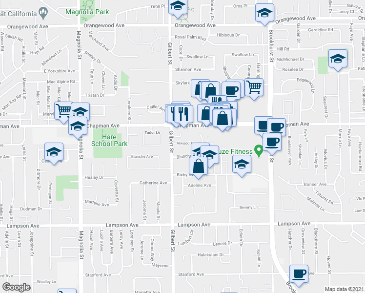map of restaurants, bars, coffee shops, grocery stores, and more near 9552 Alwood Avenue in Garden Grove