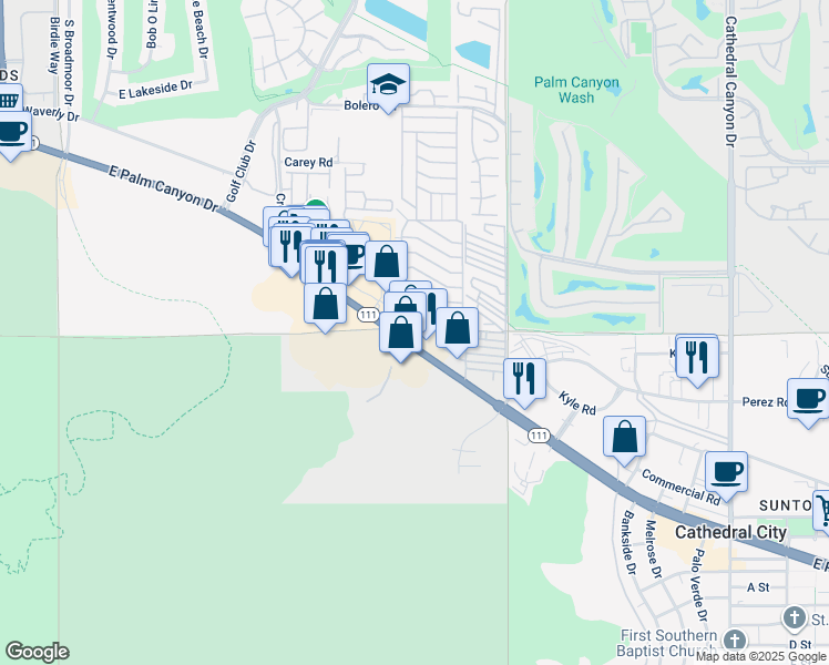 map of restaurants, bars, coffee shops, grocery stores, and more near 26 Cordova Court in Palm Springs