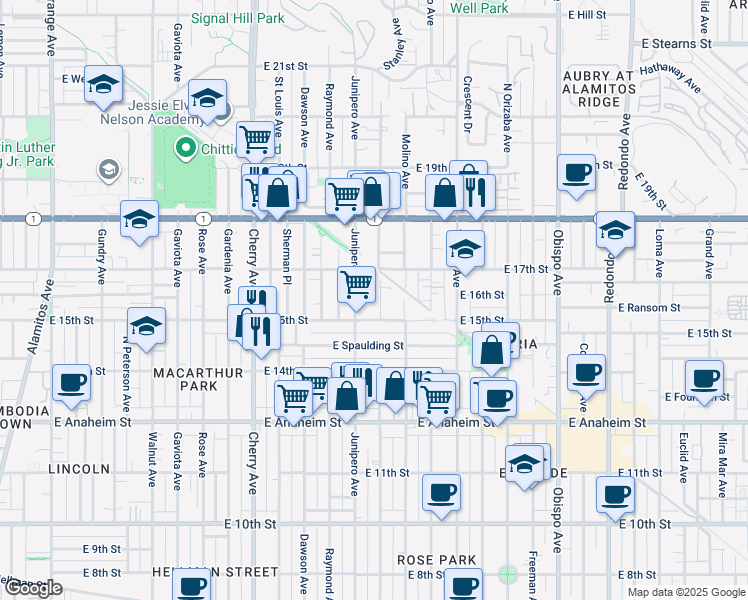 map of restaurants, bars, coffee shops, grocery stores, and more near 1509 Stanley Avenue in Long Beach