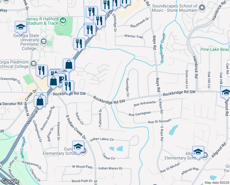 map of restaurants, bars, coffee shops, grocery stores, and more near 445 Susan Creek Drive in Stone Mountain