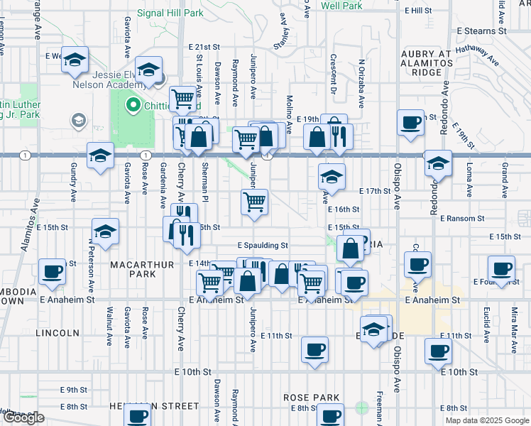 map of restaurants, bars, coffee shops, grocery stores, and more near 1509 Stanley Avenue in Long Beach