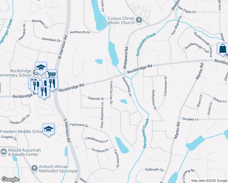 map of restaurants, bars, coffee shops, grocery stores, and more near 324 Fond Du Lac Drive in Stone Mountain