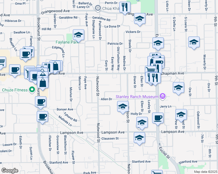 map of restaurants, bars, coffee shops, grocery stores, and more near 10592 Paladium Avenue in Garden Grove