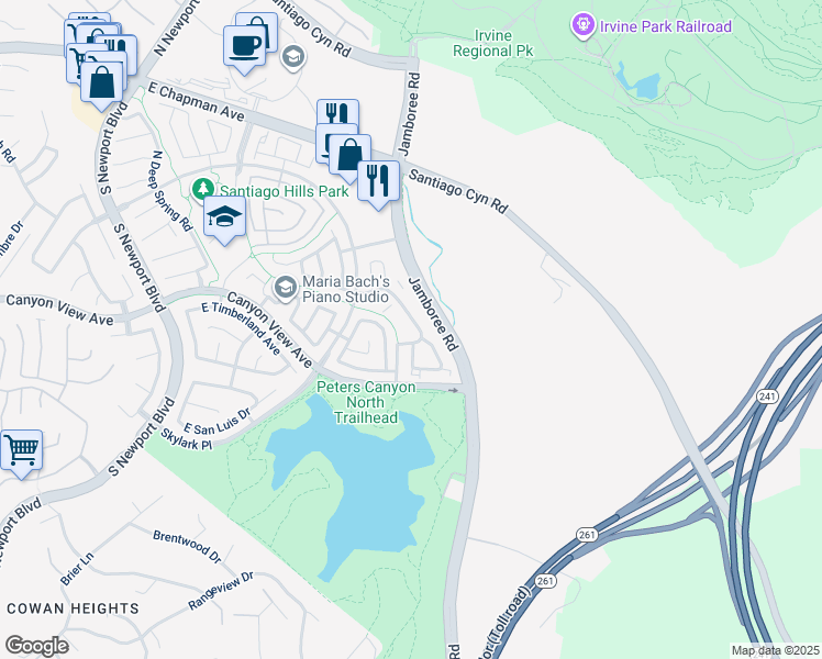 map of restaurants, bars, coffee shops, grocery stores, and more near 181 South Cross Creek Road in Orange