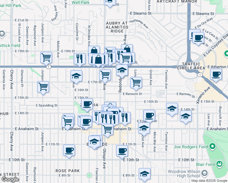 map of restaurants, bars, coffee shops, grocery stores, and more near 3305 East Ransom Street in Long Beach