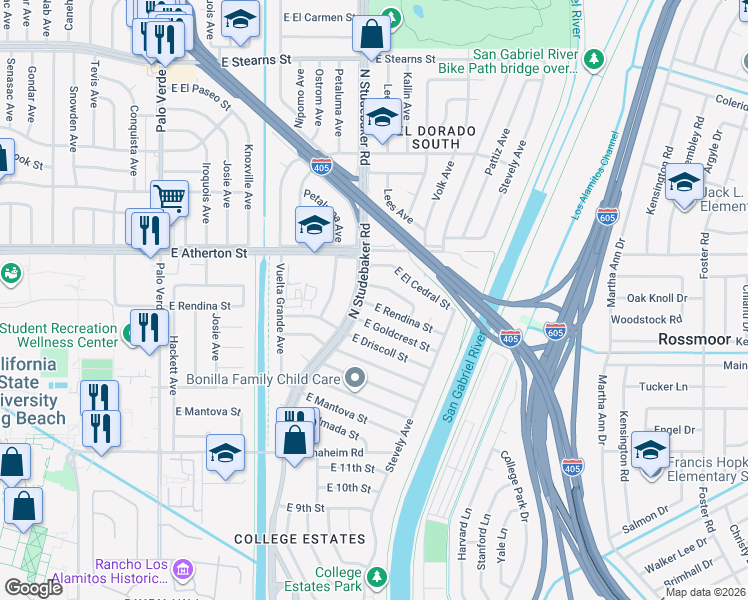 map of restaurants, bars, coffee shops, grocery stores, and more near 1639 North Studebaker Road in Long Beach