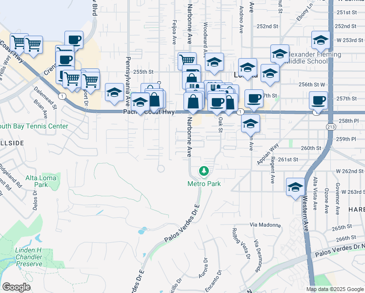 map of restaurants, bars, coffee shops, grocery stores, and more near 25941 Narbonne Avenue in Lomita