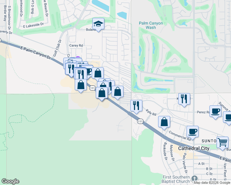 map of restaurants, bars, coffee shops, grocery stores, and more near 36 Club Circle Drive in Palm Springs