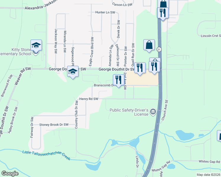 map of restaurants, bars, coffee shops, grocery stores, and more near 320 Branscomb Drive Southwest in Jacksonville