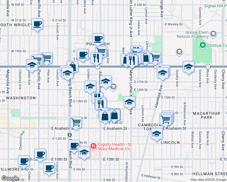 map of restaurants, bars, coffee shops, grocery stores, and more near 1600 Atlantic Avenue in Long Beach