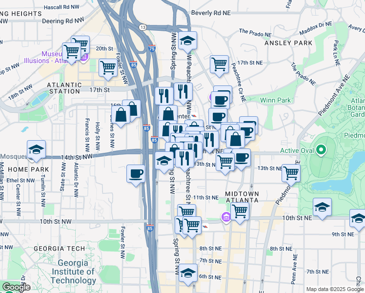 map of restaurants, bars, coffee shops, grocery stores, and more near 1200 West Peachtree Street Northwest in Atlanta