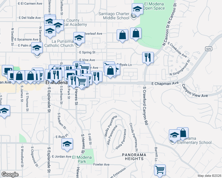 map of restaurants, bars, coffee shops, grocery stores, and more near 4900 East Chapman Avenue in Orange