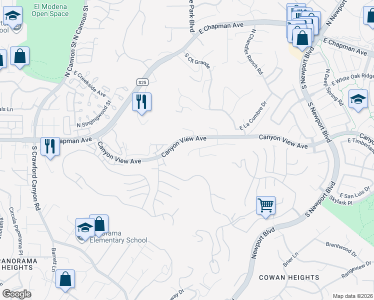 map of restaurants, bars, coffee shops, grocery stores, and more near 6633 East Pinnacle Pointe in Orange