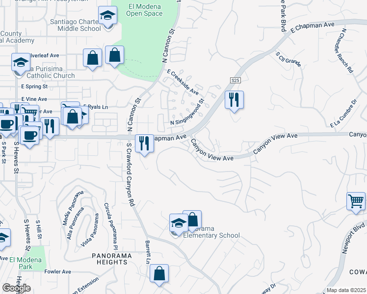 map of restaurants, bars, coffee shops, grocery stores, and more near 5847 East Rocking Horse Way in Orange