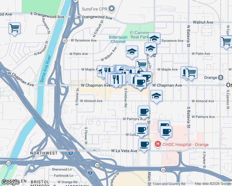 map of restaurants, bars, coffee shops, grocery stores, and more near 1718 West Chapman Avenue in Orange