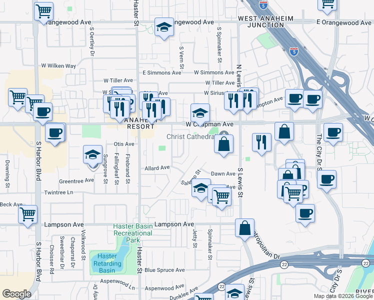 map of restaurants, bars, coffee shops, grocery stores, and more near 12072 Laguna Street in Garden Grove