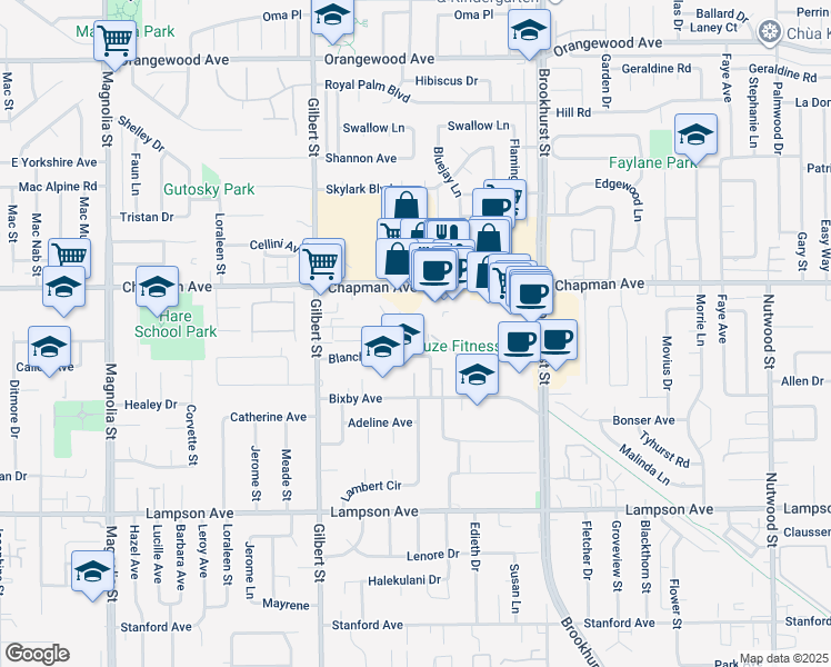 map of restaurants, bars, coffee shops, grocery stores, and more near 9758 Chapman Avenue in Garden Grove