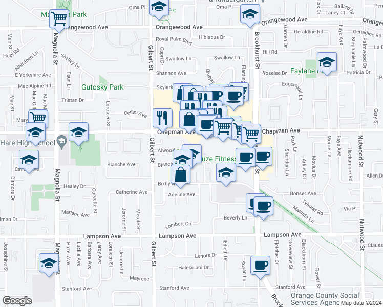 map of restaurants, bars, coffee shops, grocery stores, and more near 12082 Cole Street in Garden Grove