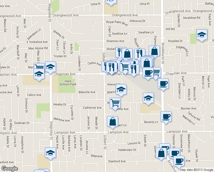 map of restaurants, bars, coffee shops, grocery stores, and more near 12071 Gilbert Street in Garden Grove