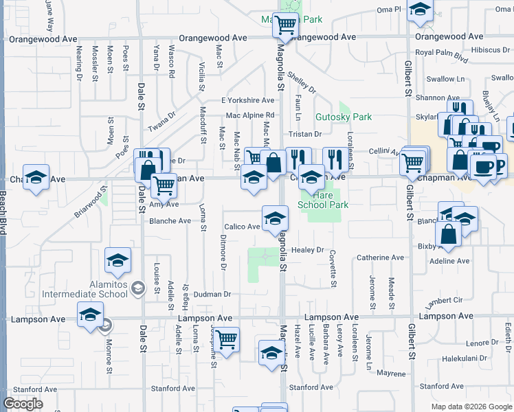 map of restaurants, bars, coffee shops, grocery stores, and more near 12081 Magnolia Street in Garden Grove