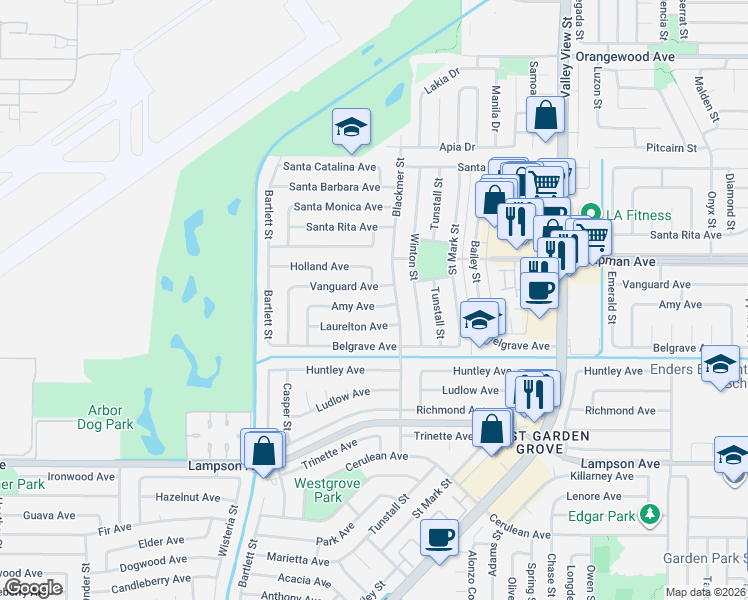 map of restaurants, bars, coffee shops, grocery stores, and more near 12060 Fairchild Street in Garden Grove