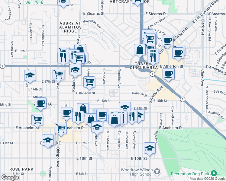 map of restaurants, bars, coffee shops, grocery stores, and more near 3822 East Wilton Street in Long Beach