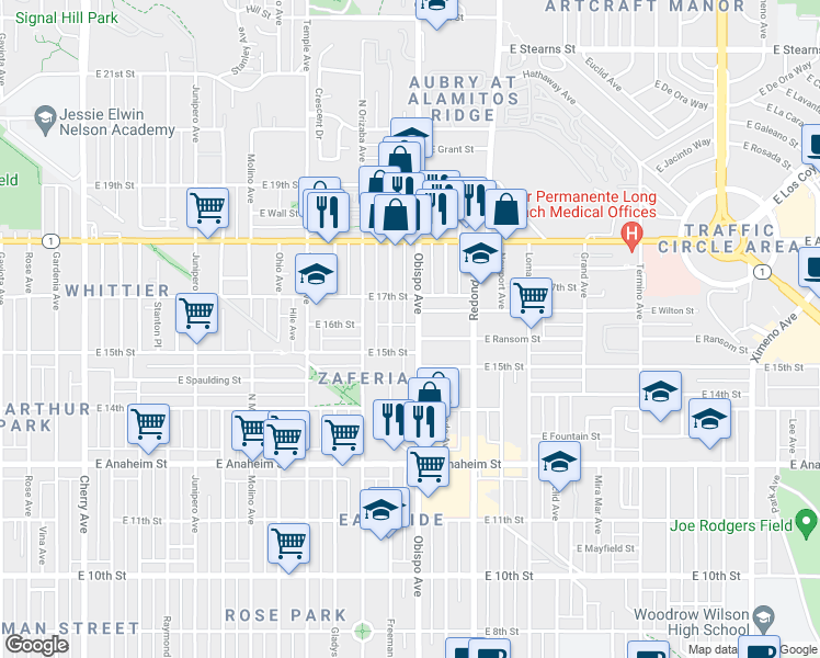 map of restaurants, bars, coffee shops, grocery stores, and more near 1615 Obispo Avenue in Long Beach