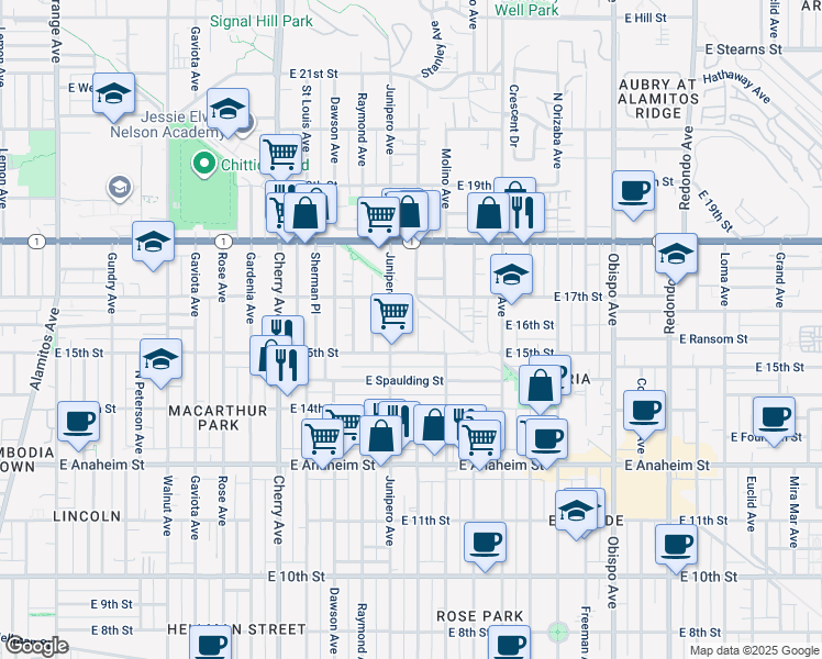 map of restaurants, bars, coffee shops, grocery stores, and more near 1619 Stanley Avenue in Long Beach