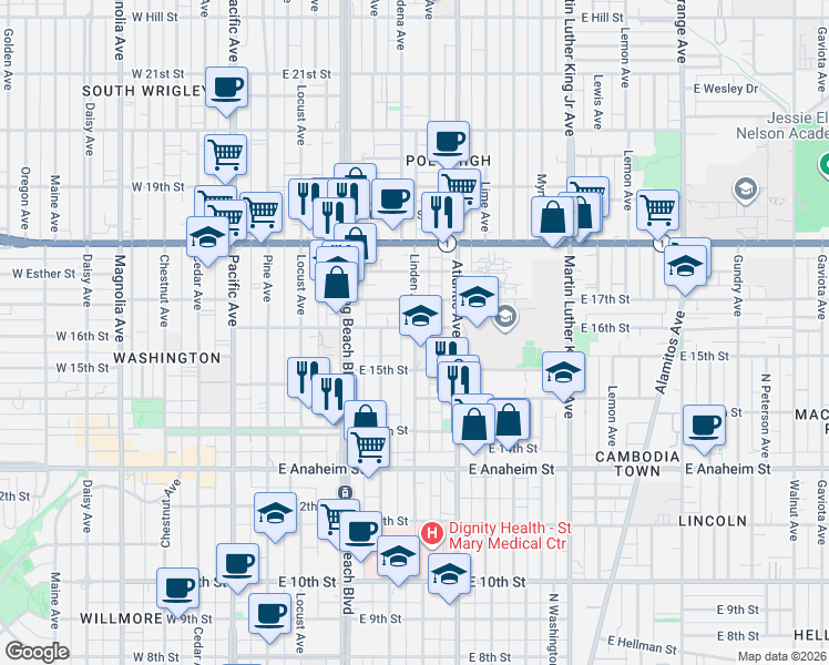 map of restaurants, bars, coffee shops, grocery stores, and more near 1610 Linden Avenue in Long Beach