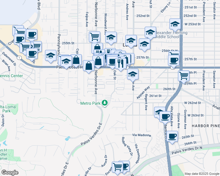 map of restaurants, bars, coffee shops, grocery stores, and more near 25921 Oak Street in Lomita