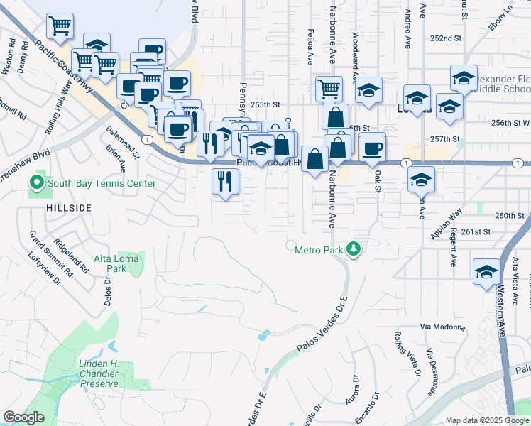map of restaurants, bars, coffee shops, grocery stores, and more near 25917 Viana Avenue in Lomita